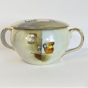 Vintage Hand Painted Porcelain Lidded Sugar Bowl Gold Trim Kitchen Scene 6999 F